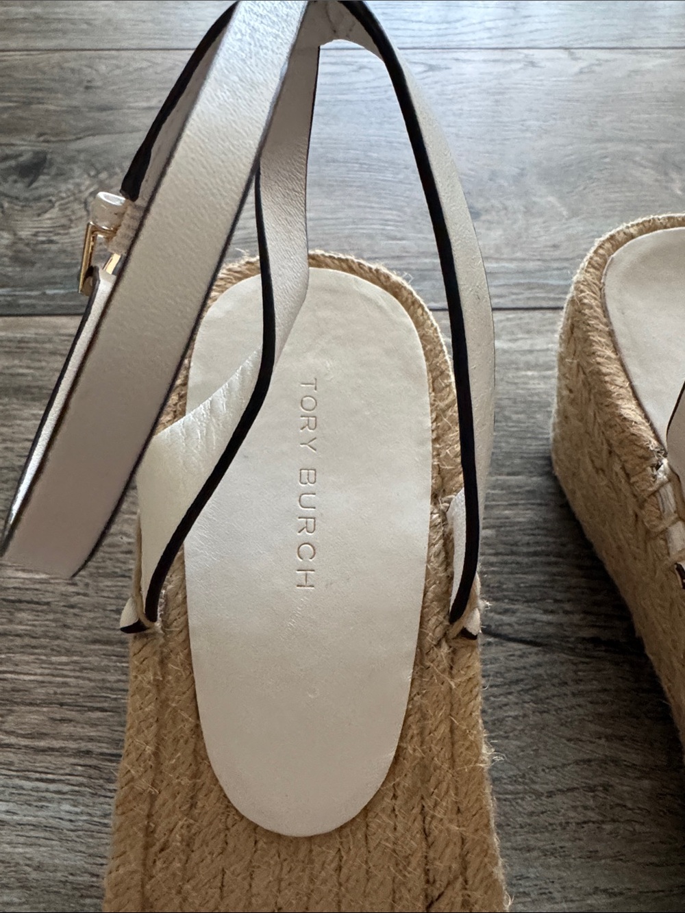 Tory Burch Cream Leather Espadrille Wedges with Logo Strap - Picture 3 of 8